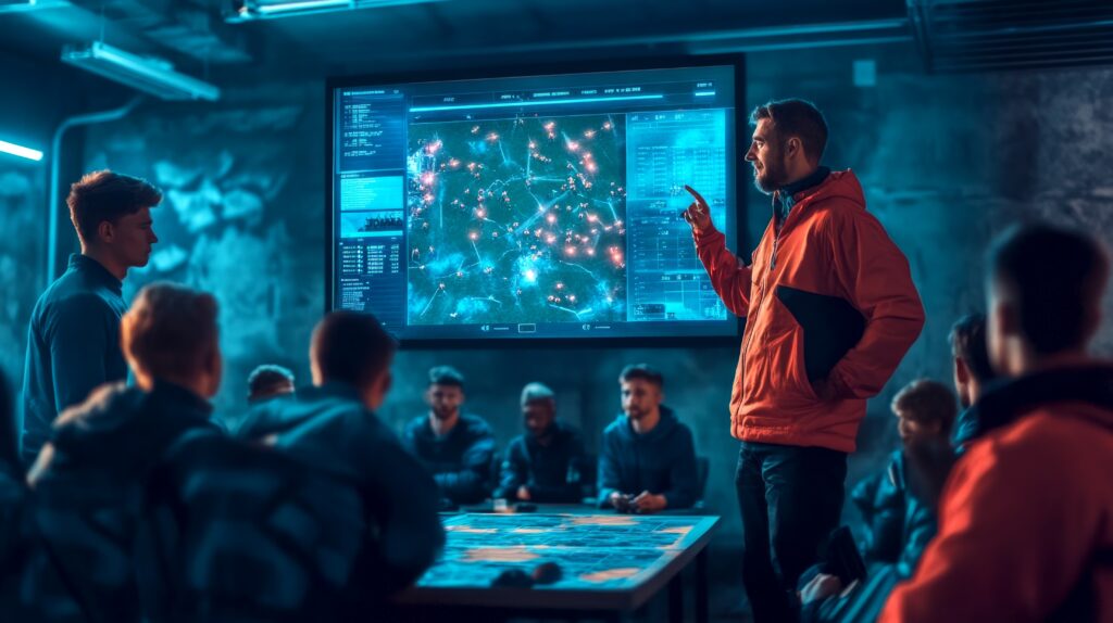 A dynamic scene shows a group of people in a modern meeting room focused on a presentation. Technology and collaboration drive the discussion. Teamwork is essential in this environment. AI